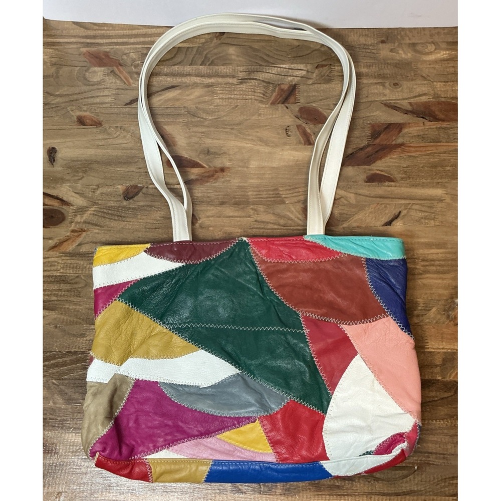 Vintage Genuine Leather Patchwork Tote Bag Multicolor Colorblock Shoulder Purse - Picture 2 of 16